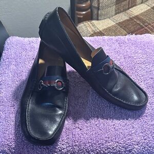Massimo Matteo Black Leather Loafers with Red Accent